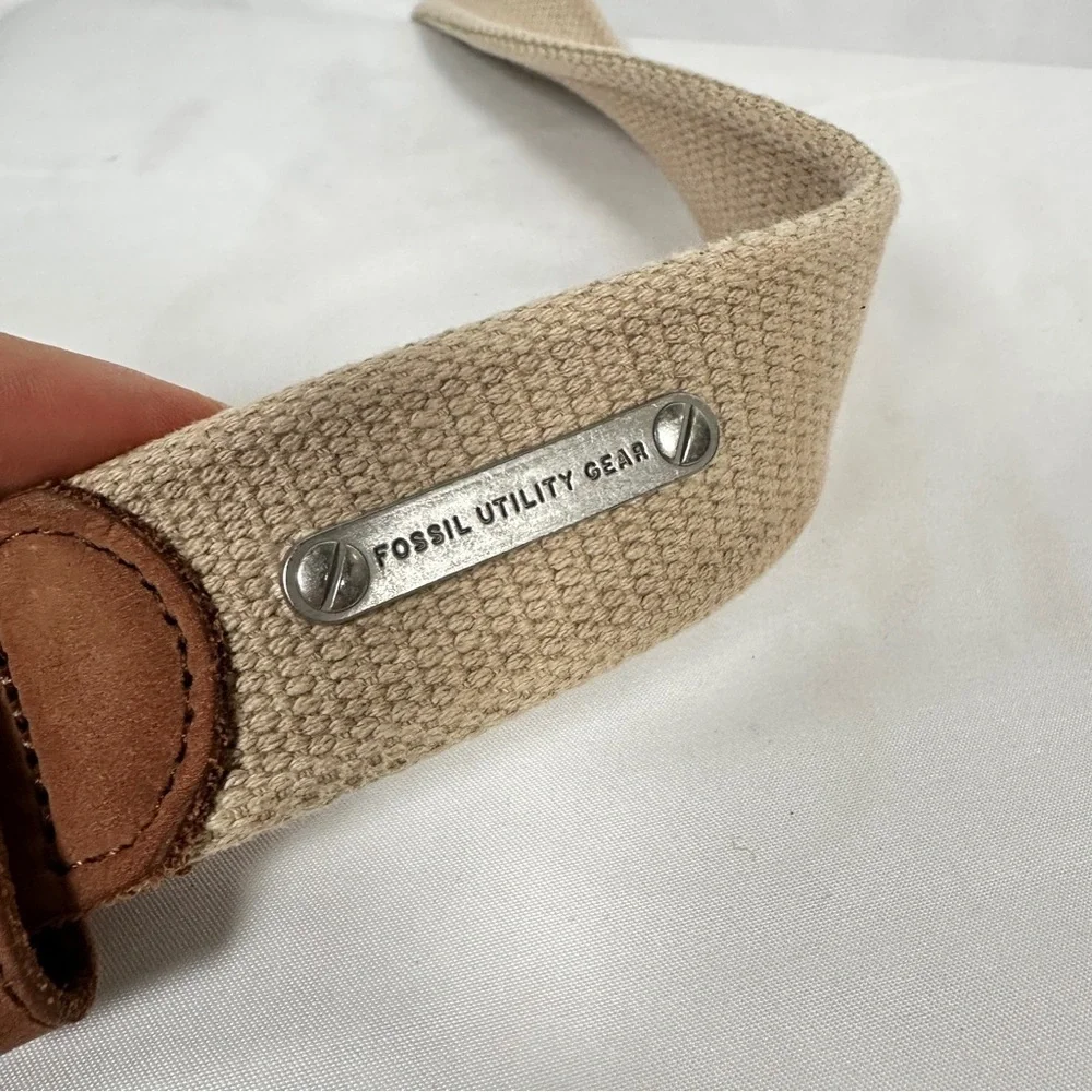 Fossil Utility Gear Khaki Canvas Web Belt with Cognac Leather Trim size 38